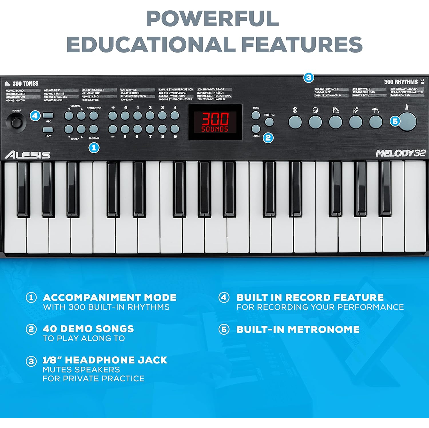 Alesis Melody 32 – Portable 32 Key Mini Digital Piano/Keyboard with Built-in Speakers + Numark HF125 - On-Ear Headphones with 6ft Cable