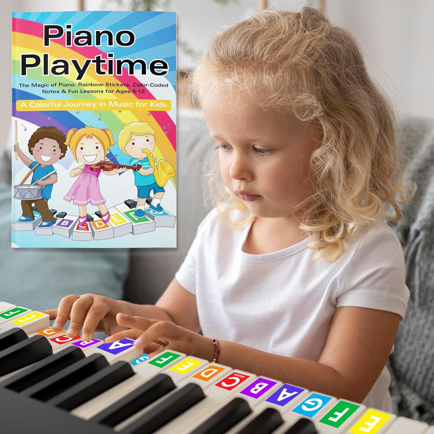 QMG Rainbow Color Piano and Keyboard Sticker and Kids Piano Learning Book Easy to Follow Instructions for Kids, Beginner Piano Book for Children,