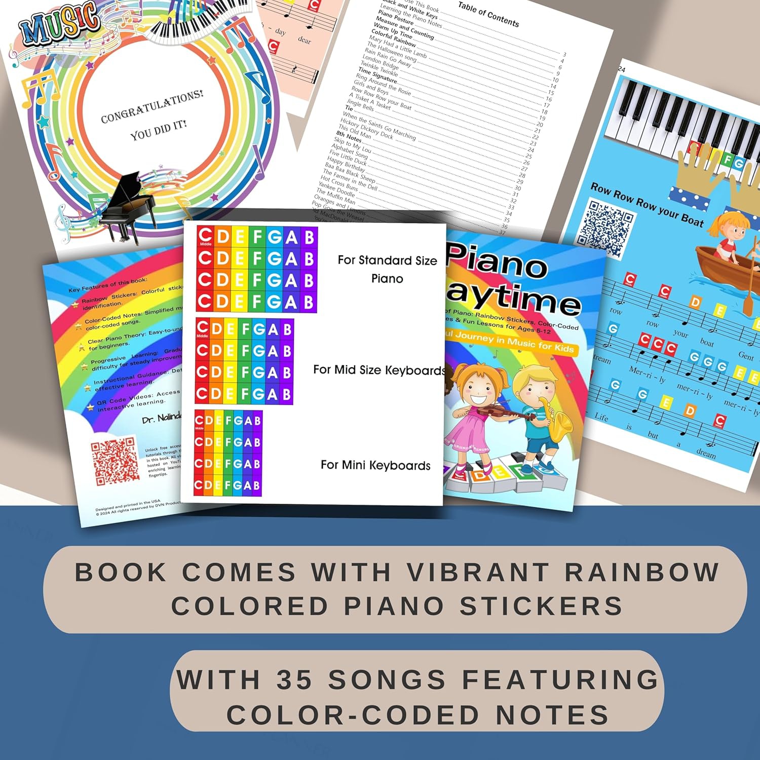 QMG Rainbow Color Piano and Keyboard Sticker and Kids Piano Learning Book Easy to Follow Instructions for Kids, Beginner Piano Book for Children,
