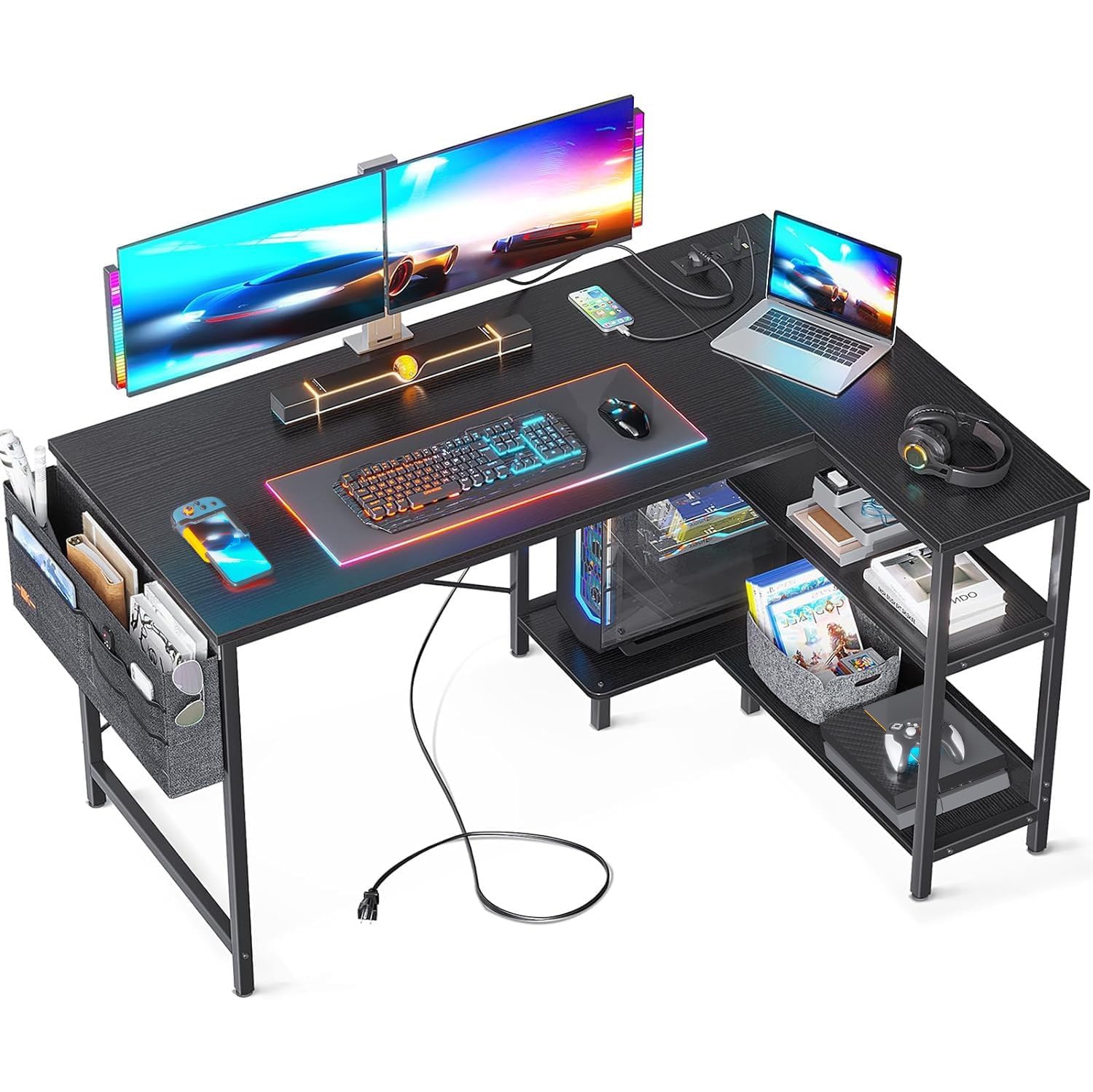 48 Inch Small L Shaped Gaming Computer Desk with Power Outlets, Reversible Storage Shelves & PC Stand for Home Office, Simple Writing Study Table