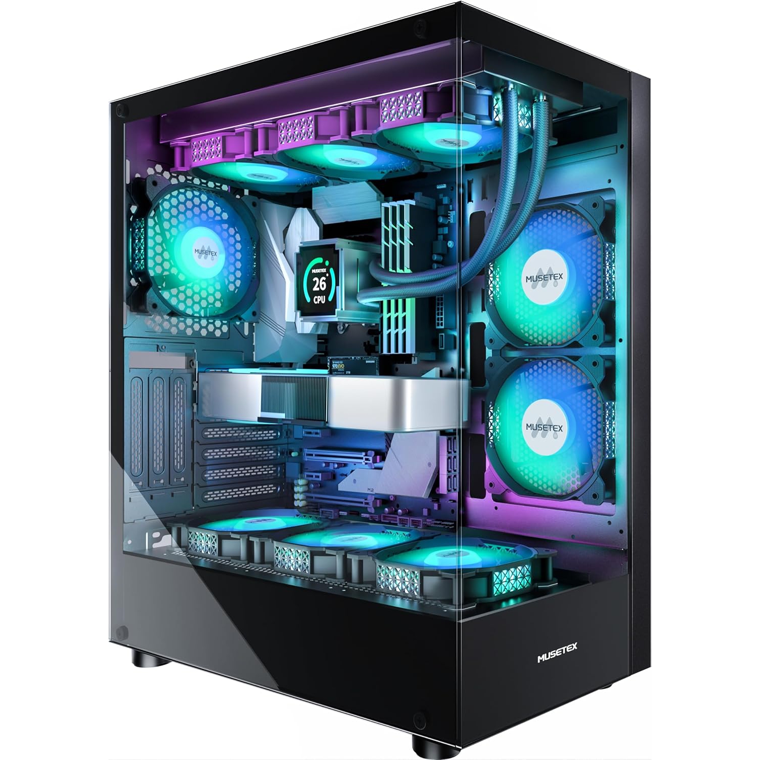 MUSETEX PC CASE ATX 6 PWM ARGB Fans Pre-Installed, Type-C Mid Tower Computer Case with Full-View Dual Tempered Glass, Gaming PC Case,Black(K2)