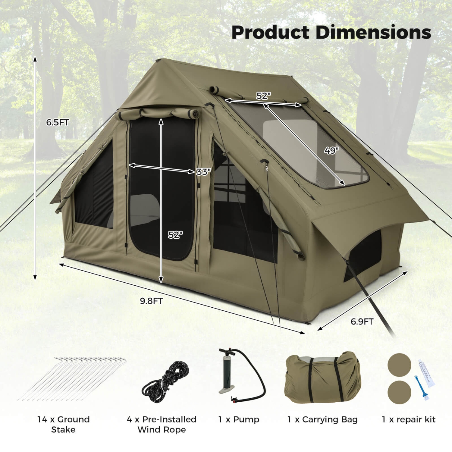 Costway 4-6 People Inflatable Tent with 4 Mesh Screen Windows 2 Doors Skylight Carrying Bag Green/White