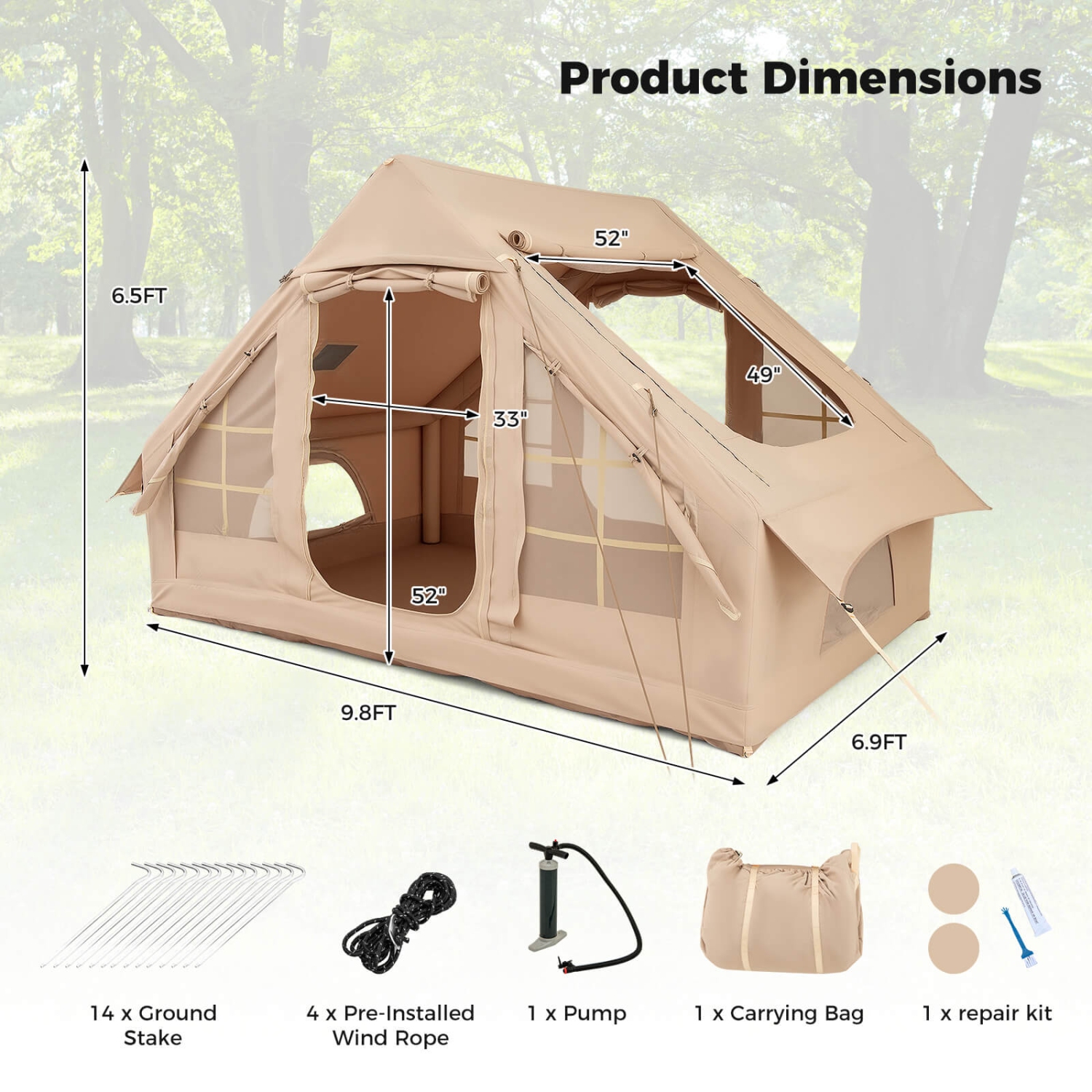 Costway 4-6 People Inflatable Tent with 4 Mesh Screen Windows 2 Doors Skylight Carrying Bag Green/White