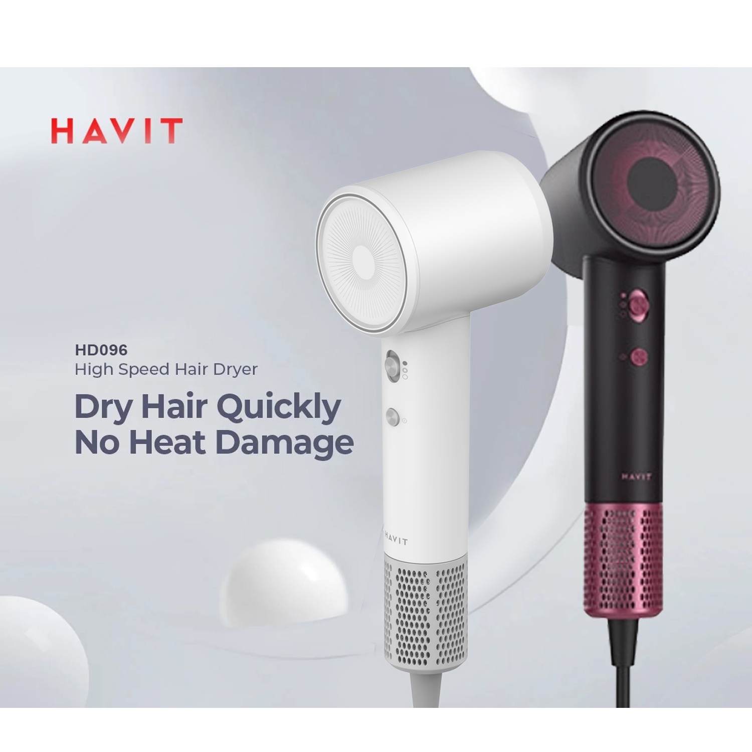 HAVIT HD096 haute vitesse, 4 modes de température 2 Vitesse du vent, 1300&nbsp;W, indiquer la lumière, avec embout lisse Compact Design Sèche-cheveux