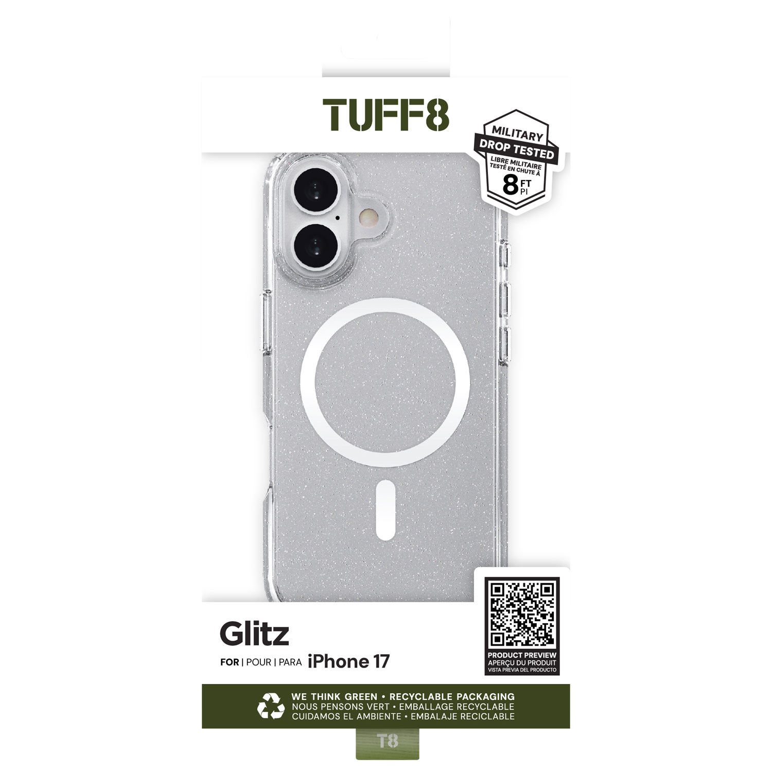 Étui rigide ajusté Glitz de TUFF8 avec MagSafe pour iPhone 17 - Paillettes/Transparent