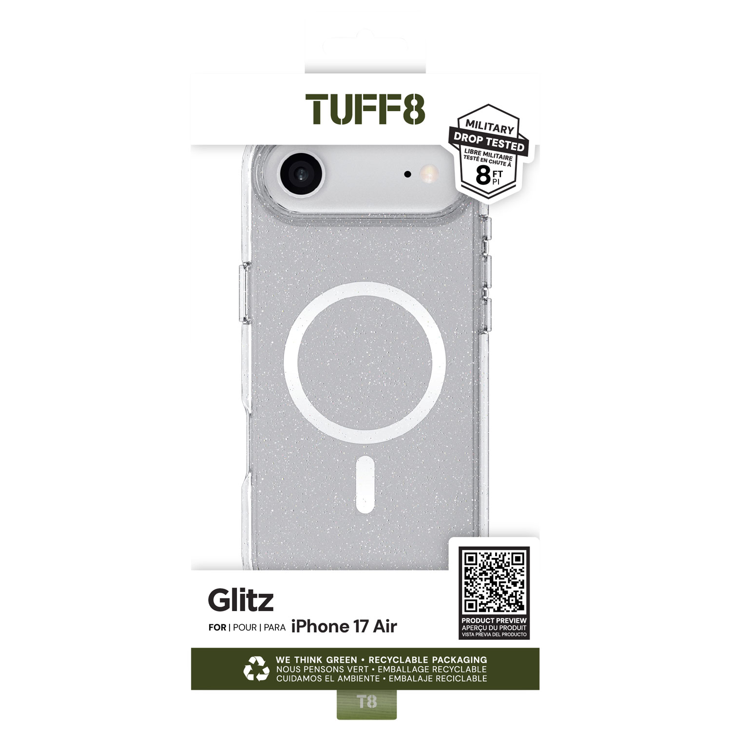 TUFF8 Glitz Fitted Hard Shell Case with MagSafe for iPhone Air - Glitter/Clear