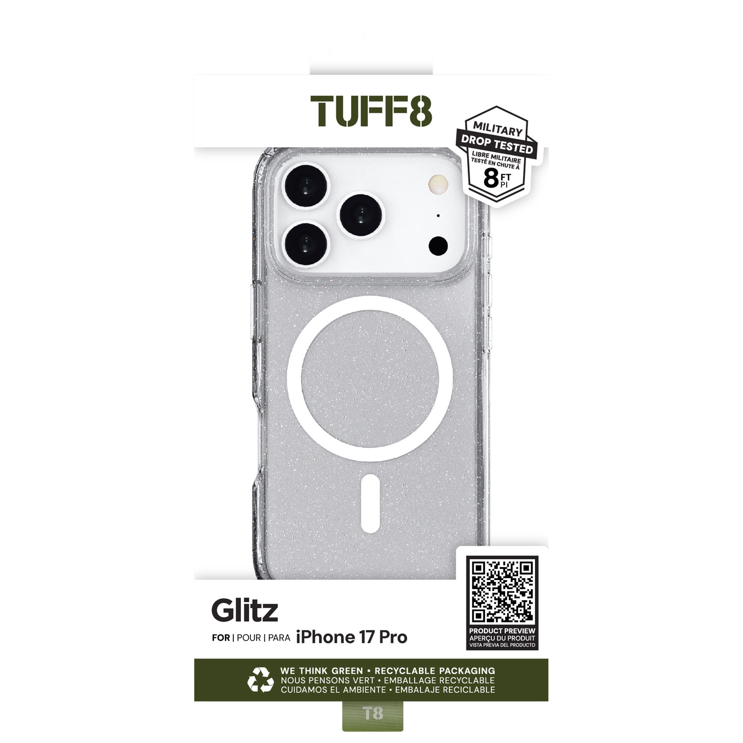 TUFF8 Glitz Fitted Hard Shell Case with MagSafe for iPhone 17 Pro - Glitter/Clear