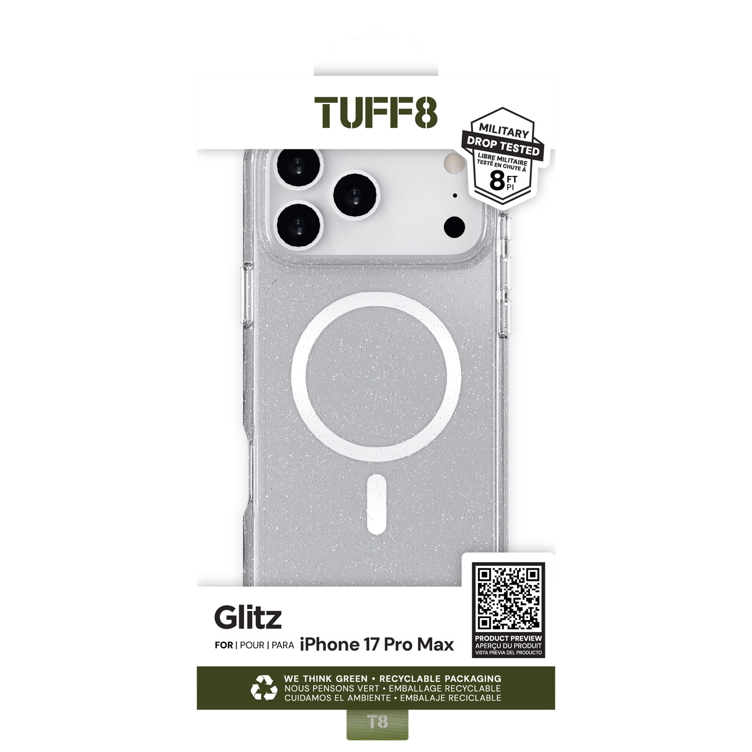 Étui rigide ajusté Glitz de TUFF8 avec MagSafe pour iPhone 17 Pro Max - Paillettes/Transparent