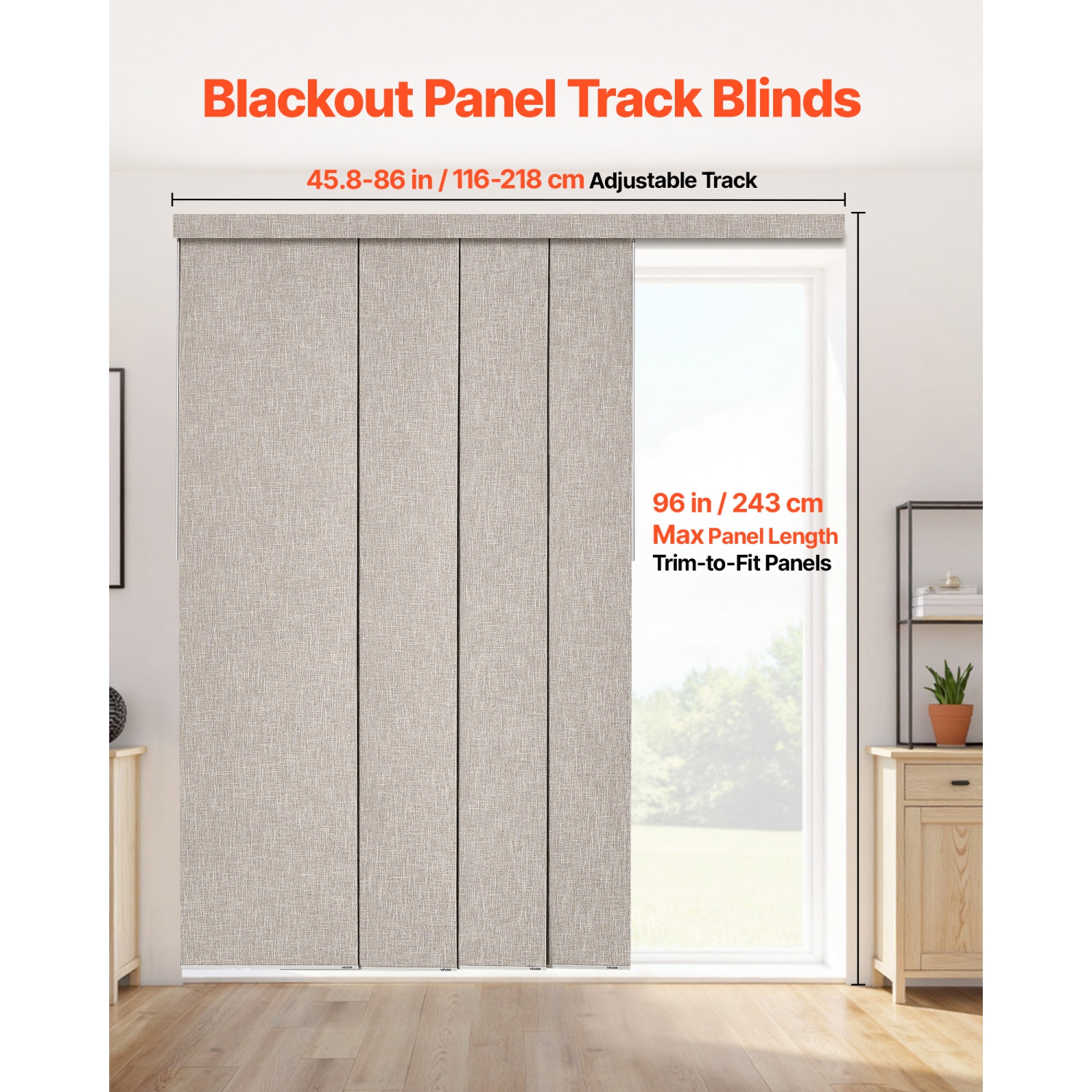 VEVOR 45.8 in to 86 in W Panel Track Blinds, Trimmable Panel Curtains Up to 96 in H, Vertical Blackout Panel Blinds for Sliding Doors, Patio Doors,