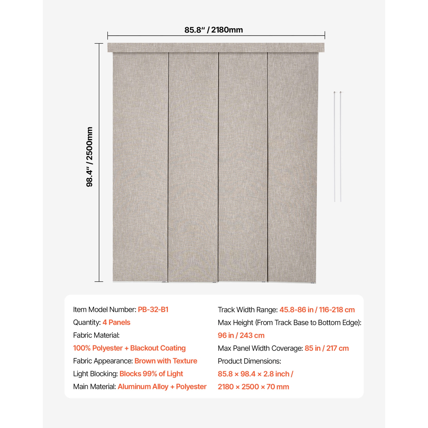 VEVOR 45.8 in to 86 in W Panel Track Blinds, Trimmable Panel Curtains Up to 96 in H, Vertical Blackout Panel Blinds for Sliding Doors, Patio Doors,
