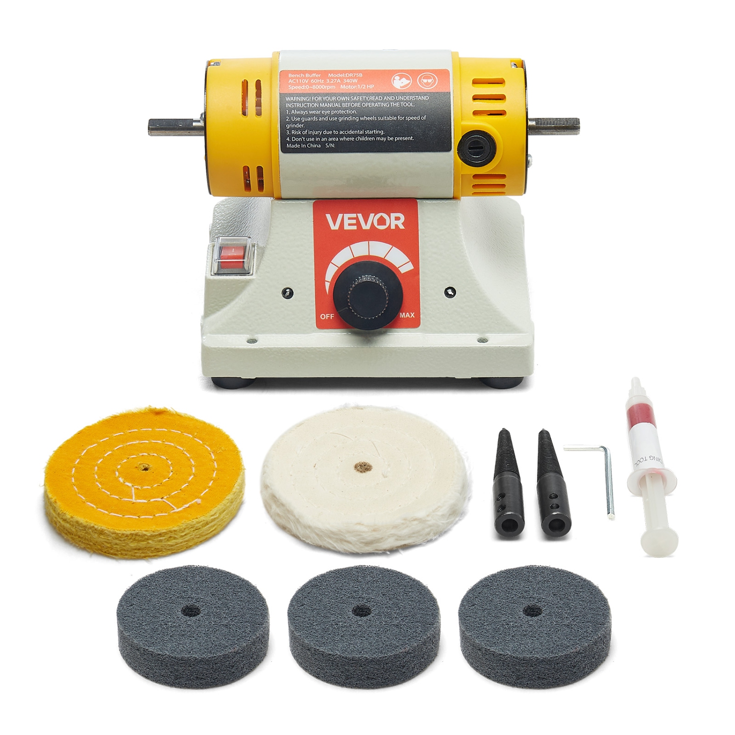 VEVOR 1/2HP Bench Buffer Polisher, 0 to 8000RPM Benchtop Polisher with 2PCS 4" Cotton Wheel, 3PCS 3" Abrasive Fiber Wheels & Polishing Compound for