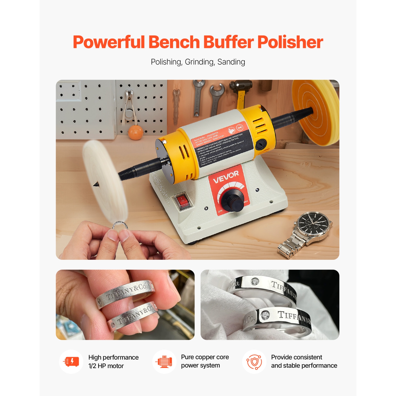 VEVOR 1/2HP Bench Buffer Polisher, 0 to 8000RPM Benchtop Polisher with 2PCS 4" Cotton Wheel, 3PCS 3" Abrasive Fiber Wheels & Polishing Compound for