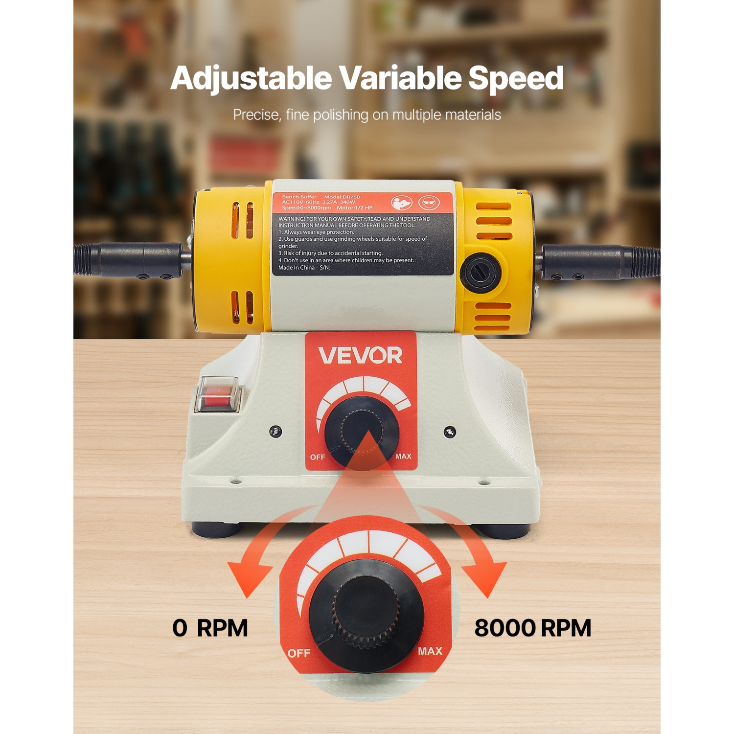 VEVOR 1/2HP Bench Buffer Polisher, 0 to 8000RPM Benchtop Polisher with 2PCS 4" Cotton Wheel, 3PCS 3" Abrasive Fiber Wheels & Polishing Compound for