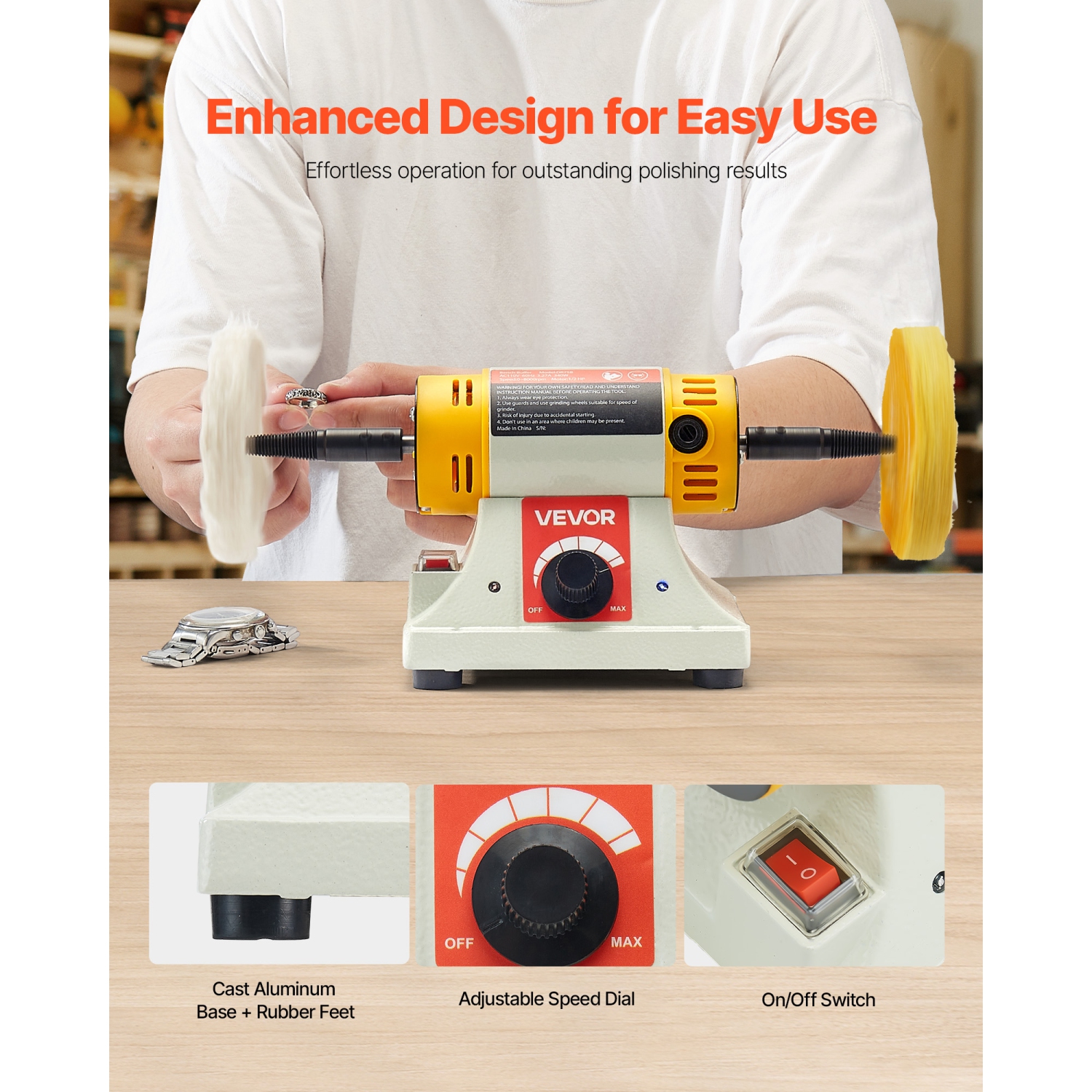 VEVOR 1/2HP Bench Buffer Polisher, 0 to 8000RPM Benchtop Polisher with 2PCS 4" Cotton Wheel, 3PCS 3" Abrasive Fiber Wheels & Polishing Compound for