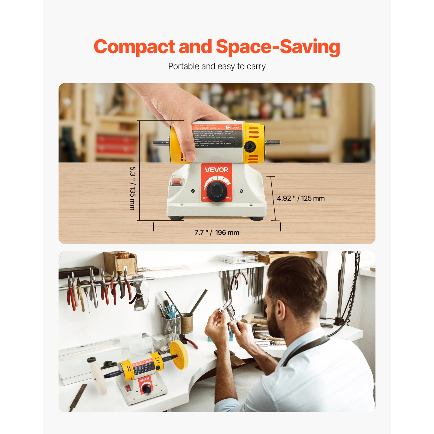 VEVOR 1/2HP Bench Buffer Polisher, 0 to 8000RPM Benchtop Polisher with 2PCS 4" Cotton Wheel, 3PCS 3" Abrasive Fiber Wheels & Polishing Compound for