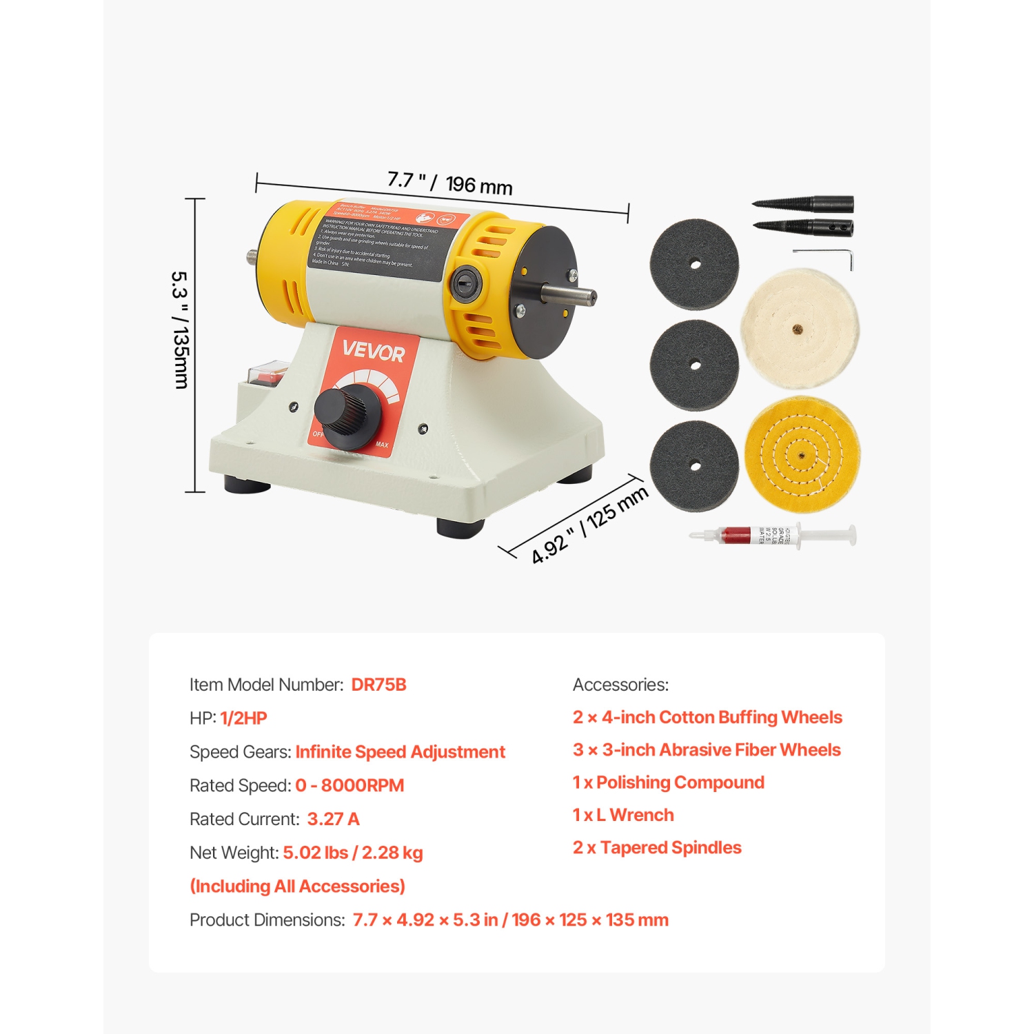 VEVOR 1/2HP Bench Buffer Polisher, 0 to 8000RPM Benchtop Polisher with 2PCS 4" Cotton Wheel, 3PCS 3" Abrasive Fiber Wheels & Polishing Compound for