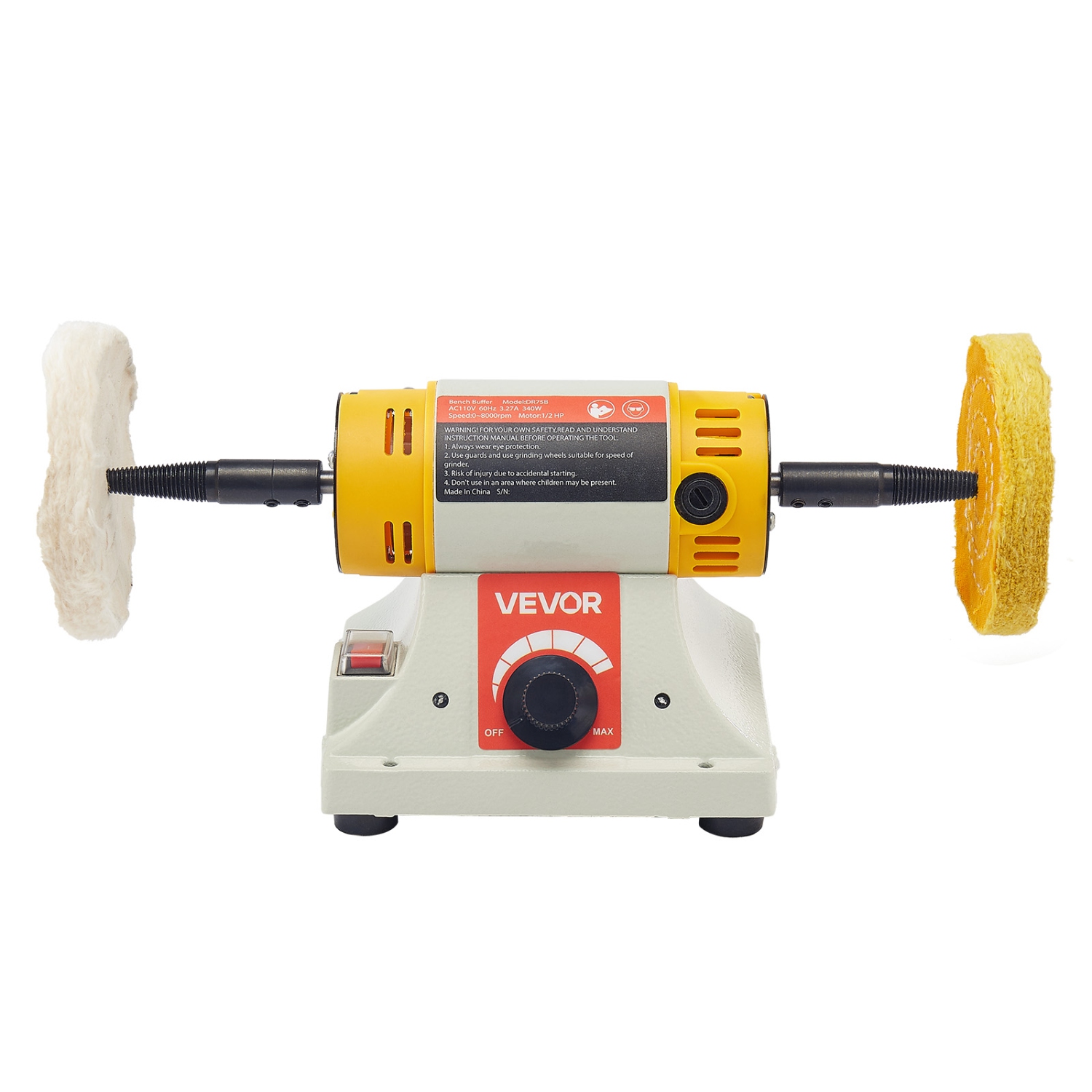 VEVOR 1/2HP Bench Buffer Polisher, 0 to 8000RPM Benchtop Polisher with 2PCS 4" Cotton Wheel, 3PCS 3" Abrasive Fiber Wheels & Polishing Compound for