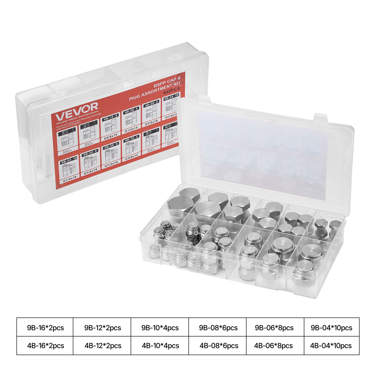 VEVOR 64 PCS BSPP Hydraulic Fittings, Hydraulic Cap and Plug Kit with Precision Threading, Galvanized Steel Heavy Duty Hydraulic Fitting Adapter Kit,