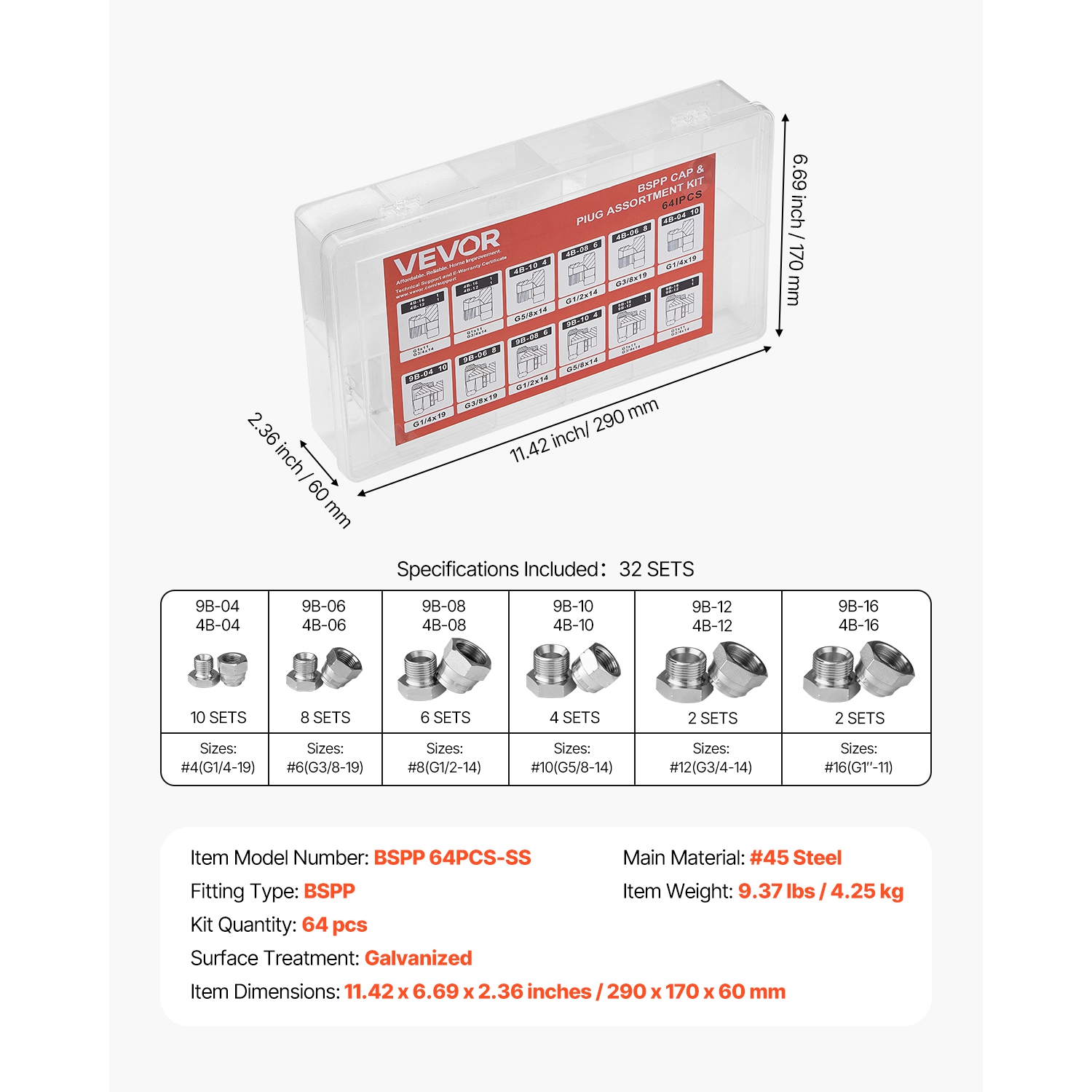 VEVOR 64 PCS BSPP Hydraulic Fittings, Hydraulic Cap and Plug Kit with Precision Threading, Galvanized Steel Heavy Duty Hydraulic Fitting Adapter Kit,