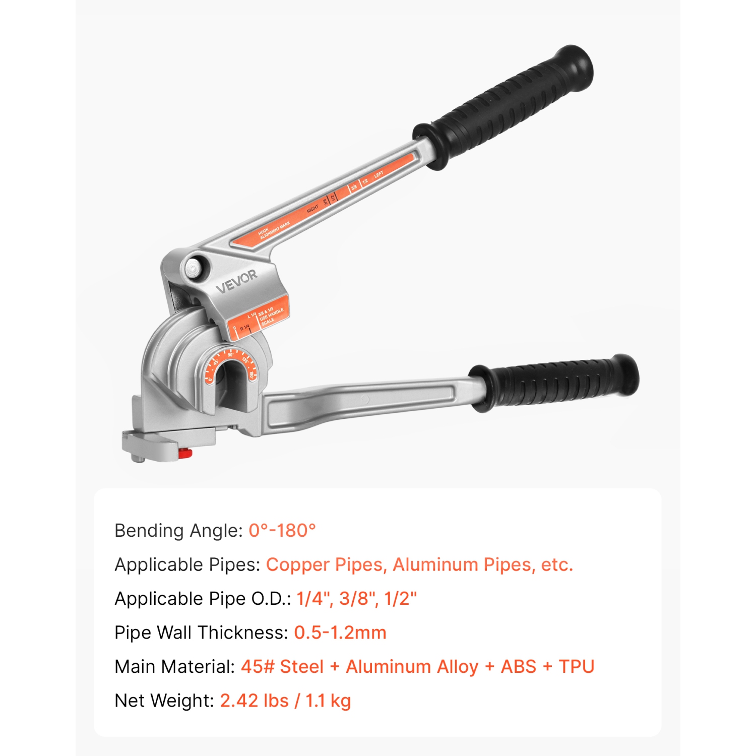 Pince à tube 3 en 1 VEVOR, 1/4 po, 3/8 po, diamètre extérieur 1/2 po, pliage manuel des tubes, outil de pliage des tuyaux en aluminium cuivre à 180°