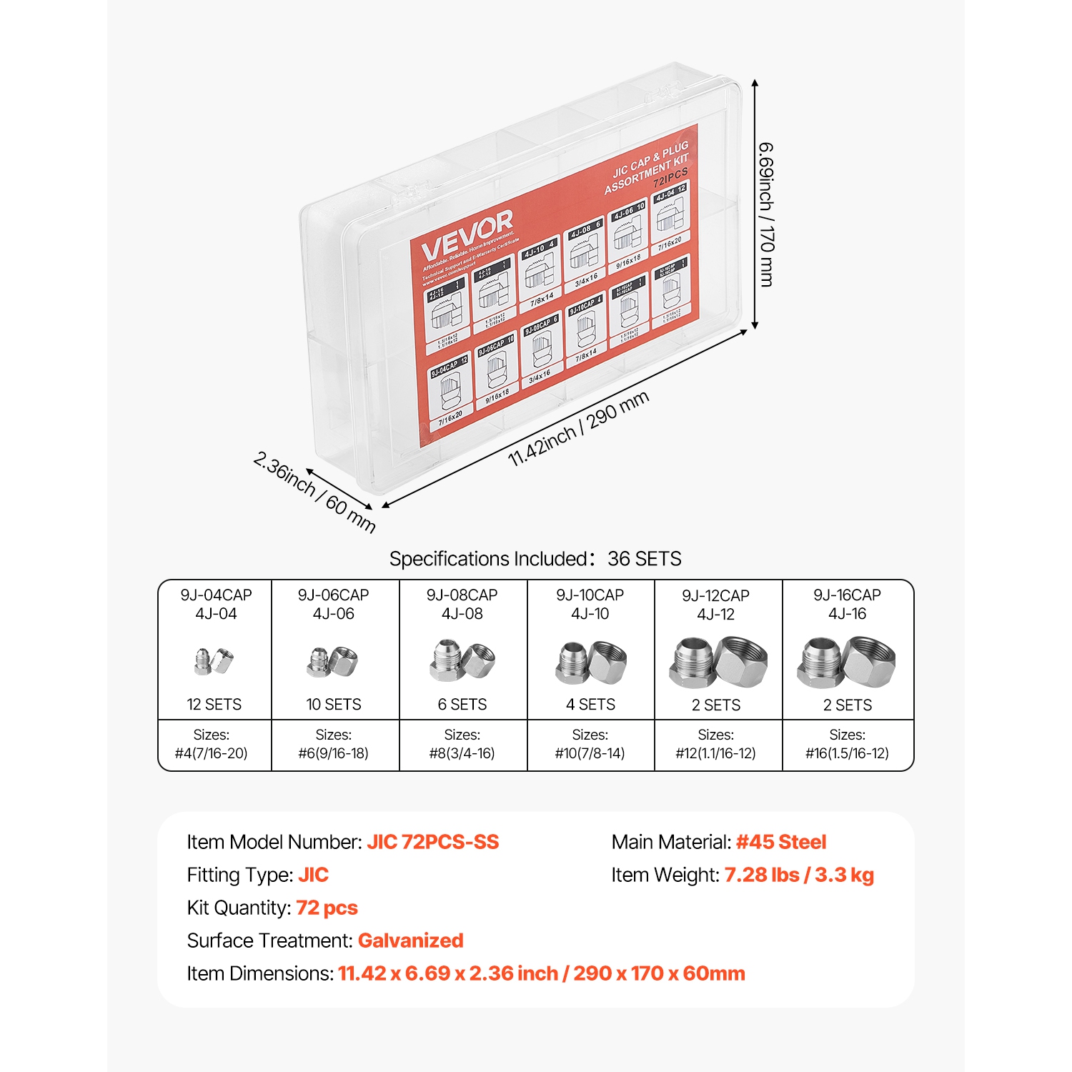 VEVOR 72 PCS JIC Hydraulic Fittings, Master Industrial Hydraulic Cap and Plug, Hose Tube and Pipe Fitting Kit Cap and Plug Kit Precision Threading in