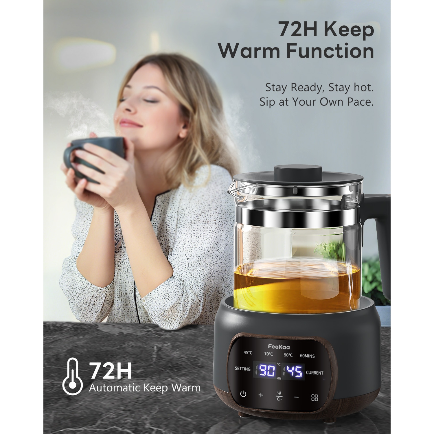 Feekaa Electric Kettle,1.3L Glass Teapot with Removable Infuser,Tea Kettle with Time & Temperature Control,Bouilloire électrique,Tea Maker,Health Pot