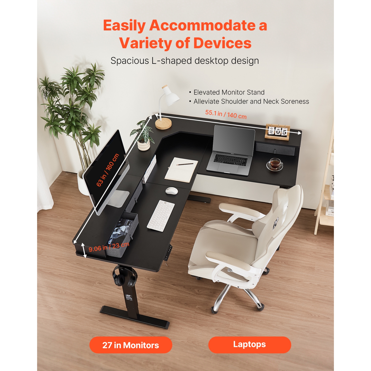 VEVOR L Shaped Desk, Electric Adjustable Height Corner Gaming Desk with CPU Stands, Dual Hooks and Fabric Drawers, L-Shaped Computer Table with Power