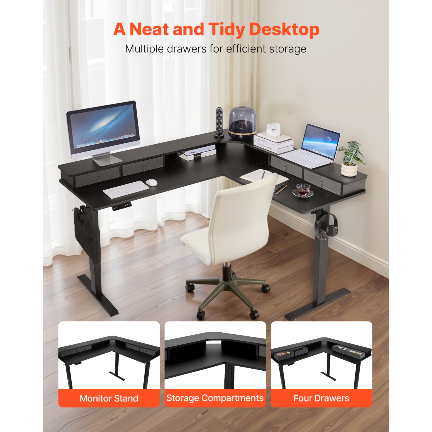VEVOR L Shaped Desk, Electric Adjustable Height Corner Gaming Desk with CPU Stands, Dual Hooks and Fabric Drawers, L-Shaped Computer Table with Power