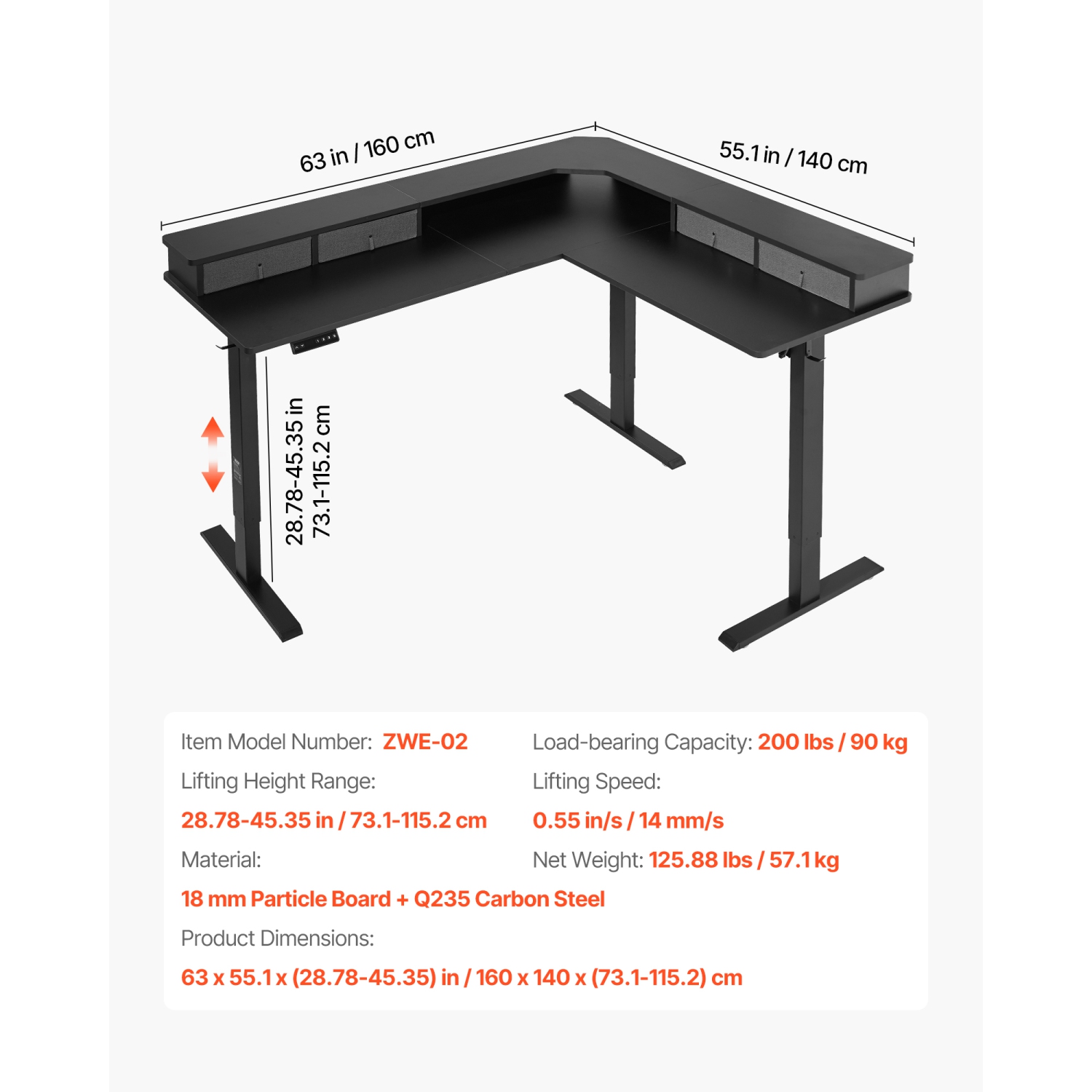 VEVOR L Shaped Desk, Electric Adjustable Height Corner Gaming Desk with CPU Stands, Dual Hooks and Fabric Drawers, L-Shaped Computer Table with Power