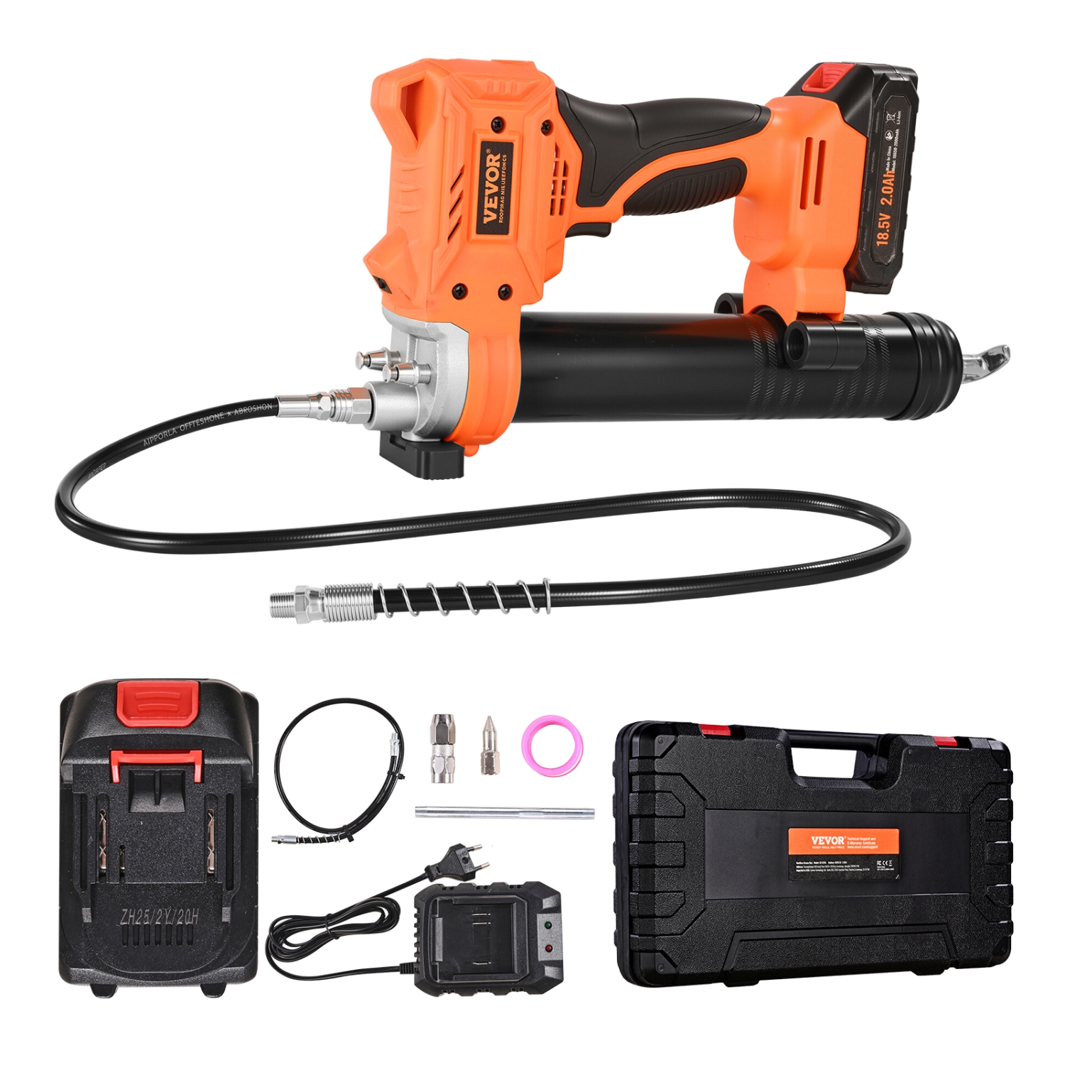 VEVOR 20V Cordless Grease Gun, 8000 PSI Max Pressure, Electric Grease Gun with 2.0 Ah Battery & LED Light, 35.4-inch Long Hose & Carrying Case,