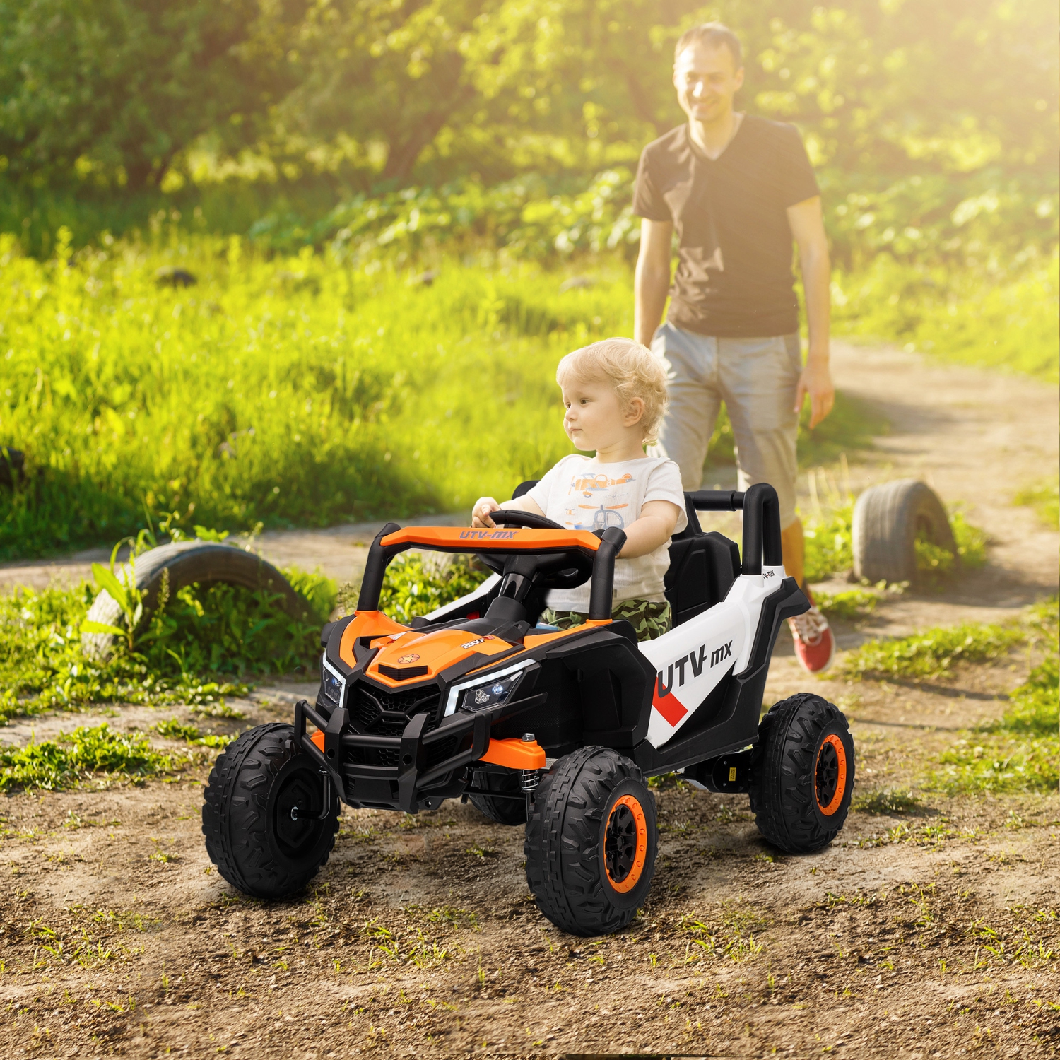 Qaba 12V Kids Ride On Car with Remote Control, Battery Powered Electric UTV with Slow Start, Spring Suspension, LED Lights, Music, USB Port, for Boys