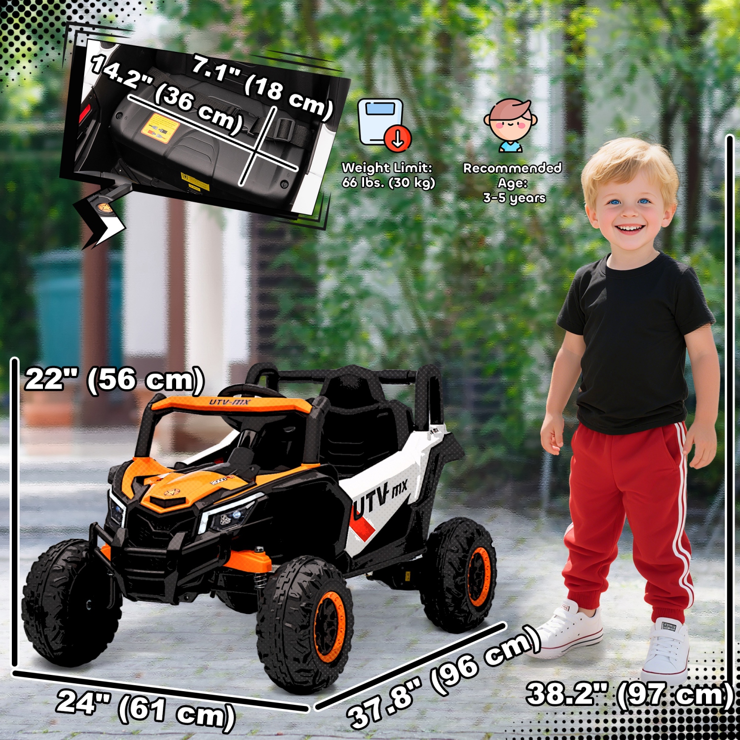 Qaba 12V Kids Ride On Car with Remote Control, Battery Powered Electric UTV with Slow Start, Spring Suspension, LED Lights, Music, USB Port, for Boys