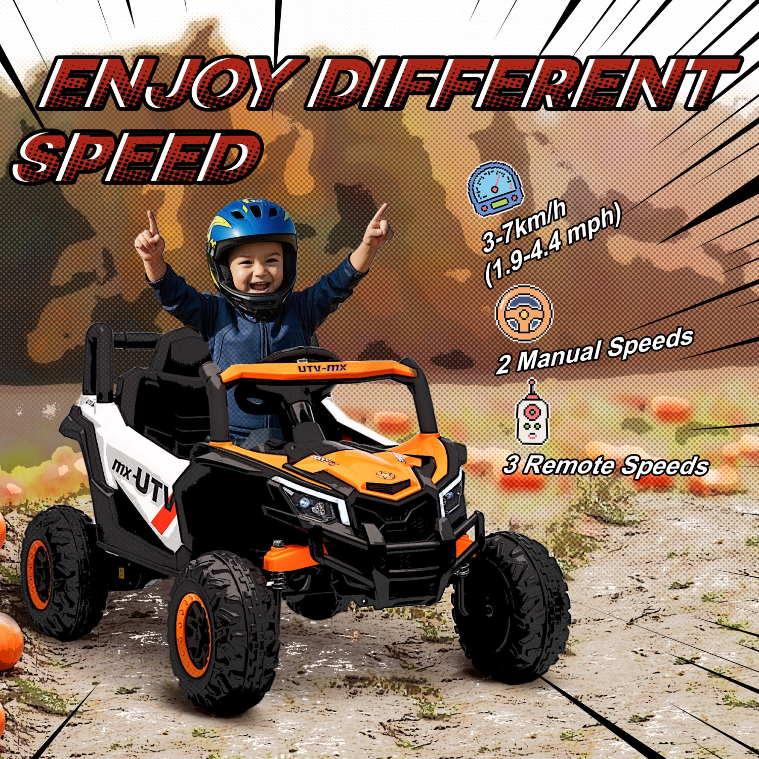 Qaba 12V Kids Ride On Car with Remote Control, Battery Powered Electric UTV with Slow Start, Spring Suspension, LED Lights, Music, USB Port, for Boys