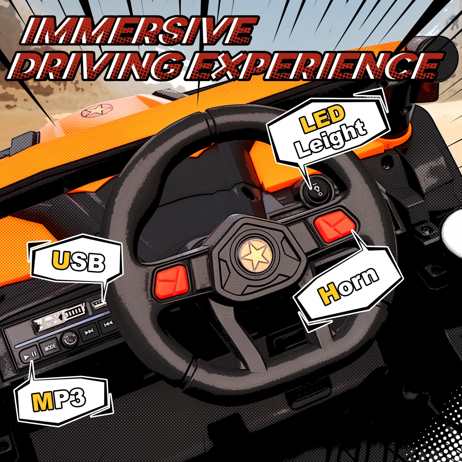 Qaba 12V Kids Ride On Car with Remote Control, Battery Powered Electric UTV with Slow Start, Spring Suspension, LED Lights, Music, USB Port, for Boys