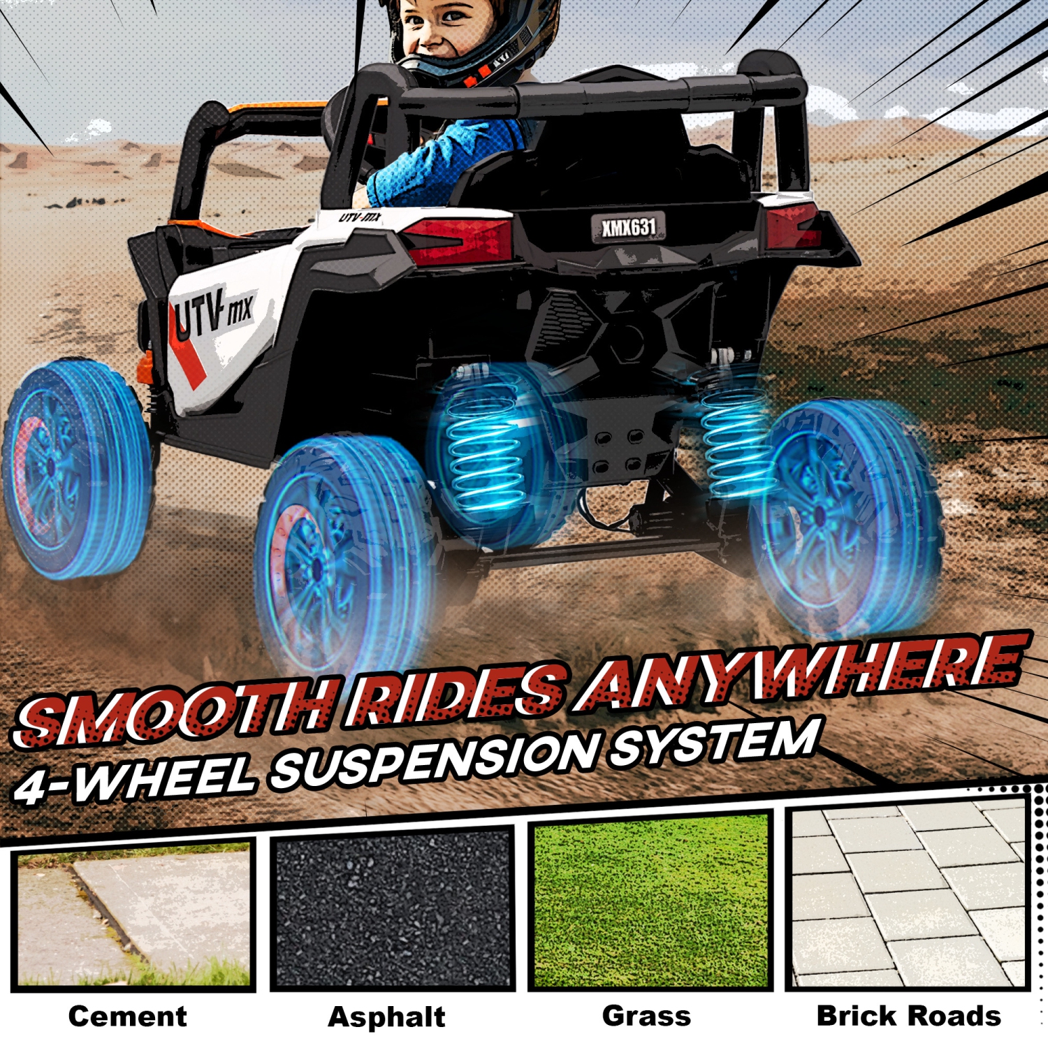 Qaba 12V Kids Ride On Car with Remote Control, Battery Powered Electric UTV with Slow Start, Spring Suspension, LED Lights, Music, USB Port, for Boys