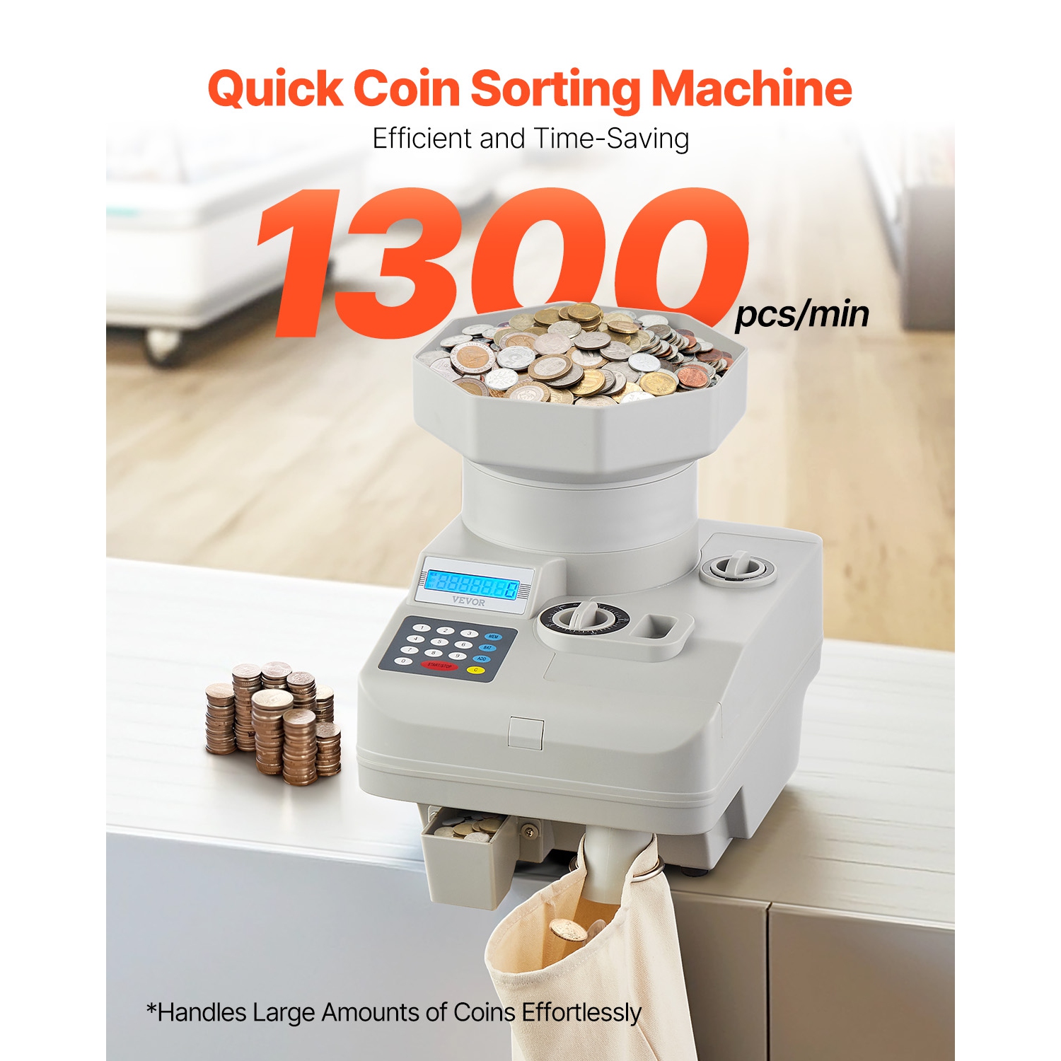 VEVOR 11000 Coins of Coin Counter, Professional Coin Sorter with LED Display, Automatic Coin Sorter and Wrapper Machine for All Coins, Suitable for