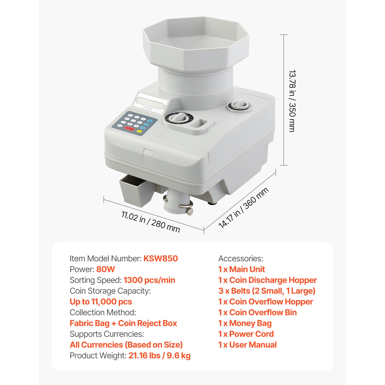 VEVOR 11000 Coins of Coin Counter, Professional Coin Sorter with LED Display, Automatic Coin Sorter and Wrapper Machine for All Coins, Suitable for