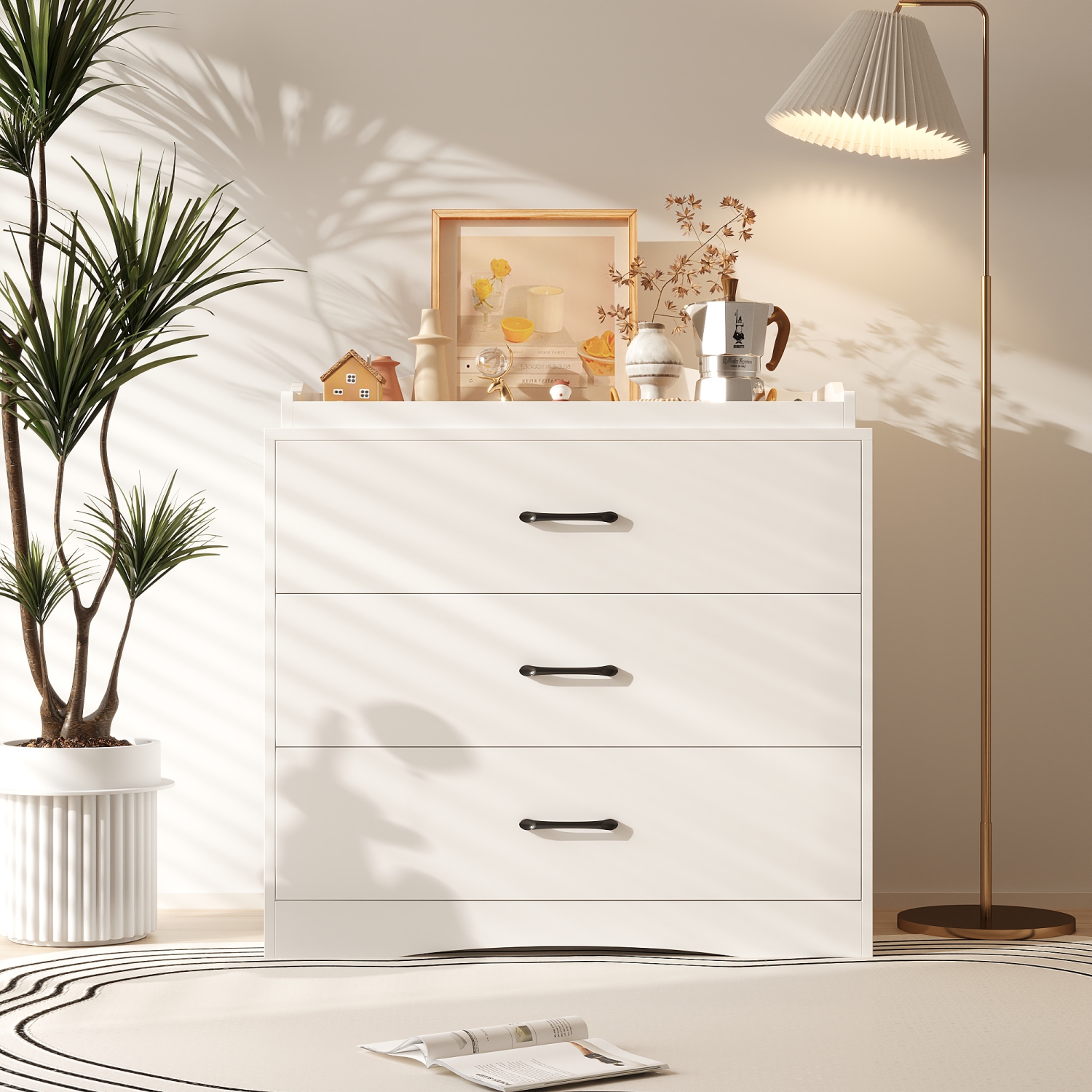 Table de chevet moderne Famapy à 3 tiroirs, blanc avec poignées noires, armoire de rangement à usages multiples pour chambre ou salon, blanc