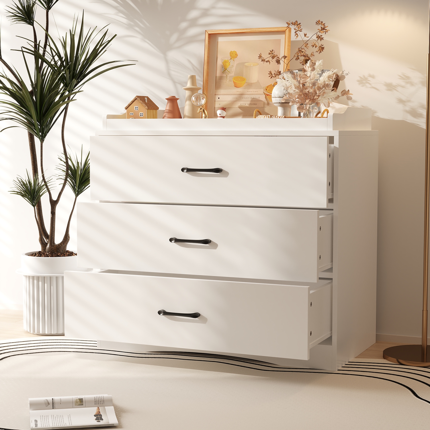 Table de chevet moderne Famapy à 3 tiroirs, blanc avec poignées noires, armoire de rangement à usages multiples pour chambre ou salon, blanc