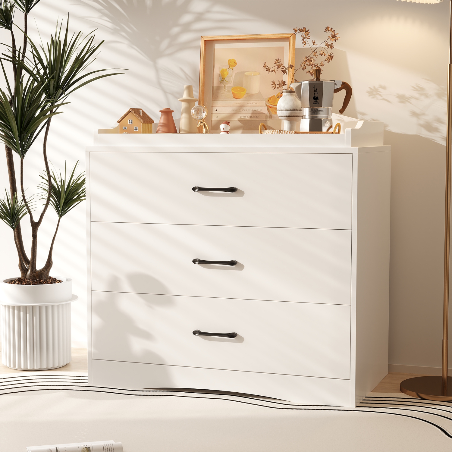 Table de chevet moderne Famapy à 3 tiroirs, blanc avec poignées noires, armoire de rangement à usages multiples pour chambre ou salon, blanc