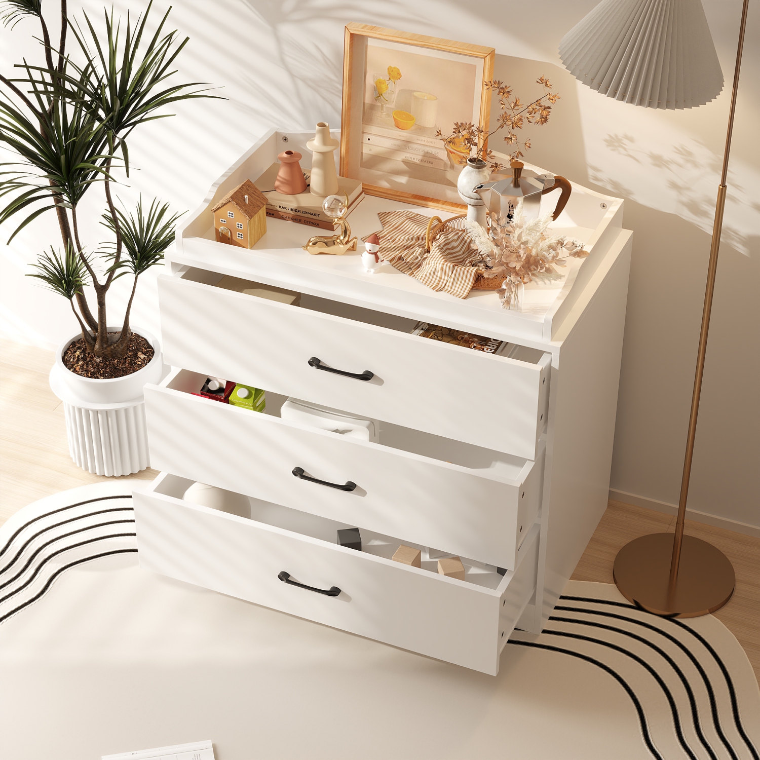 Table de chevet moderne Famapy à 3 tiroirs, blanc avec poignées noires, armoire de rangement à usages multiples pour chambre ou salon, blanc