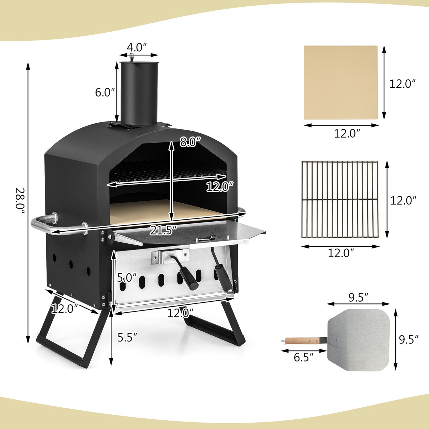 Gymax 2-layer Outdoor Wood Fired Pizza Oven w/ Anti-scalding Handles & Waterproof Cover