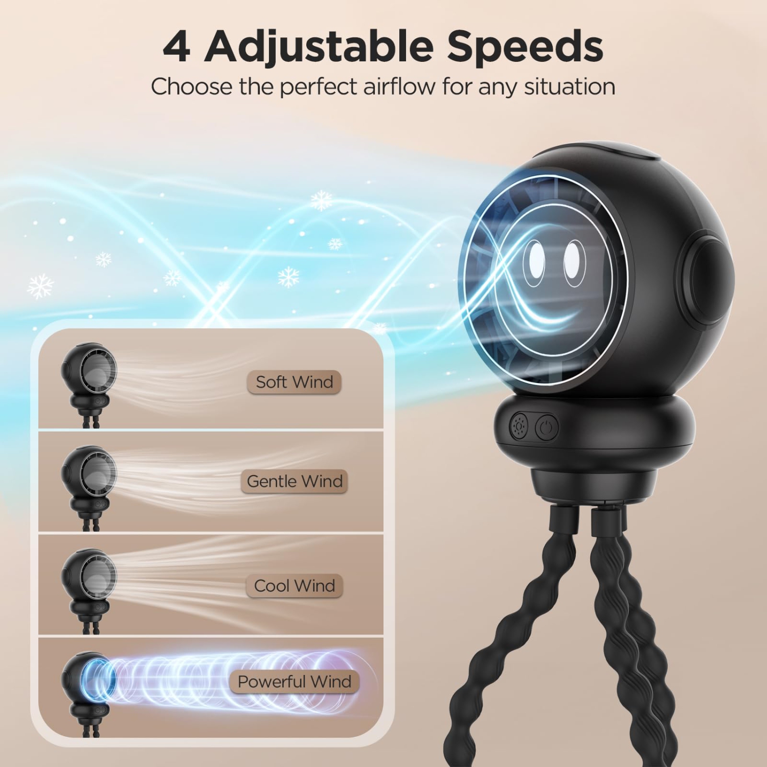 Portable Stroller Fan, Octopus Clip-On Fan, 4 Speeds, with LED Display and Night Light, 360° Rotation Rechargeable Fan for Bedroom, Outdoor