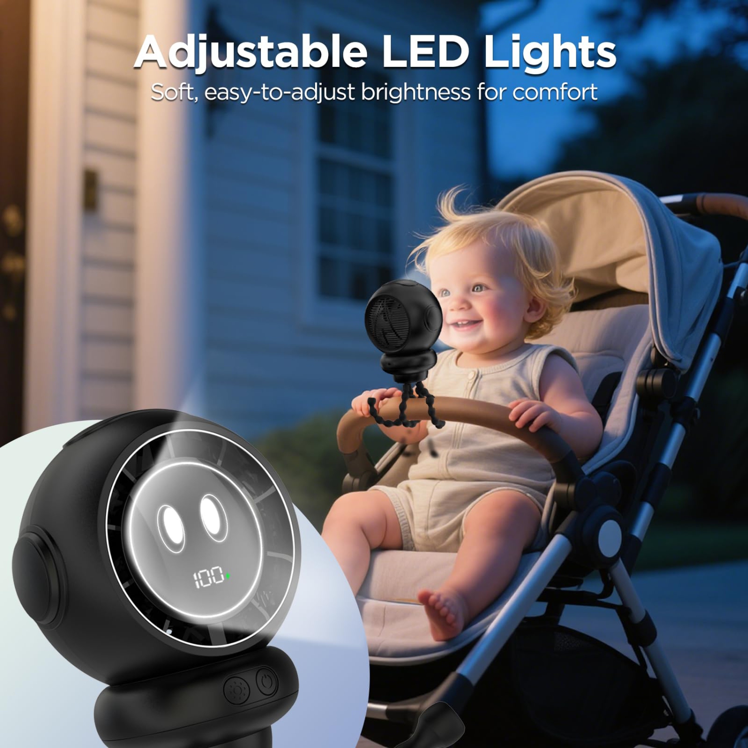 Portable Stroller Fan, Octopus Clip-On Fan, 4 Speeds, with LED Display and Night Light, 360° Rotation Rechargeable Fan for Bedroom, Outdoor