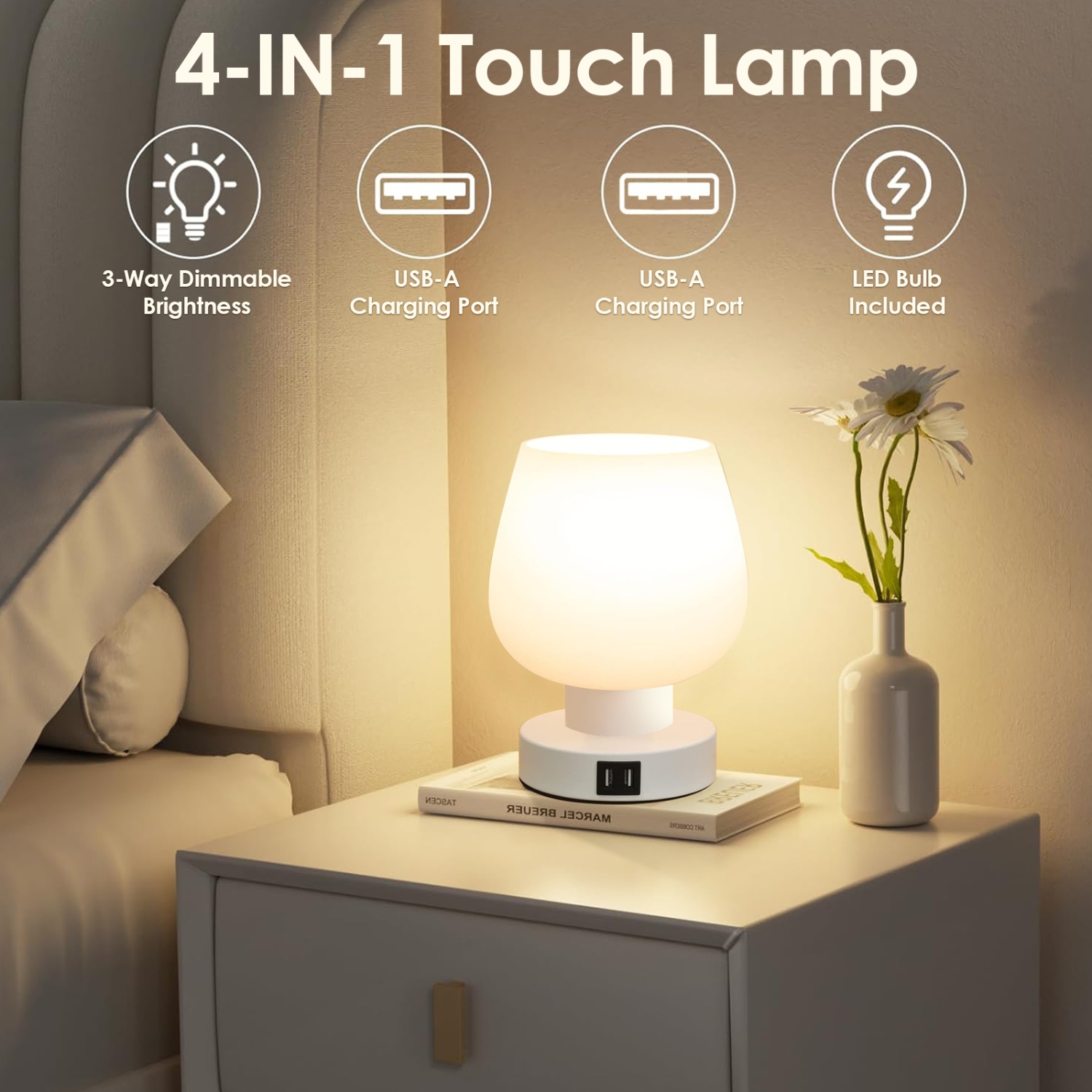 Table de chevet lampe tactile de chambre veilleuse lampe de lecture à lumière douce avec interface USB adaptée pour le salon de la chambre à coucher