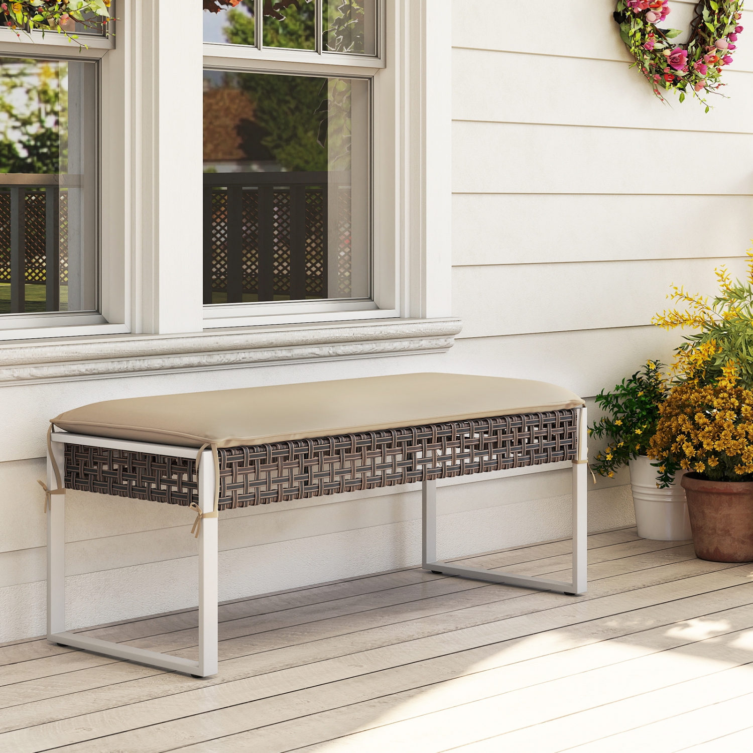 Gymax 43 Inch Patio Rectangle Ottoman w/ Metal Legs & Seat Cushion