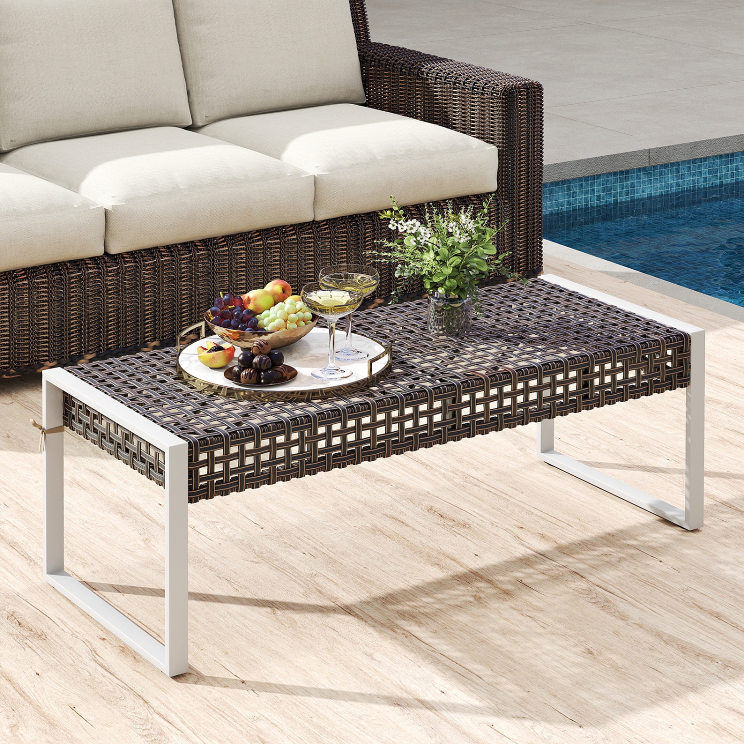 Gymax 43 Inch Patio Rectangle Ottoman w/ Metal Legs & Seat Cushion