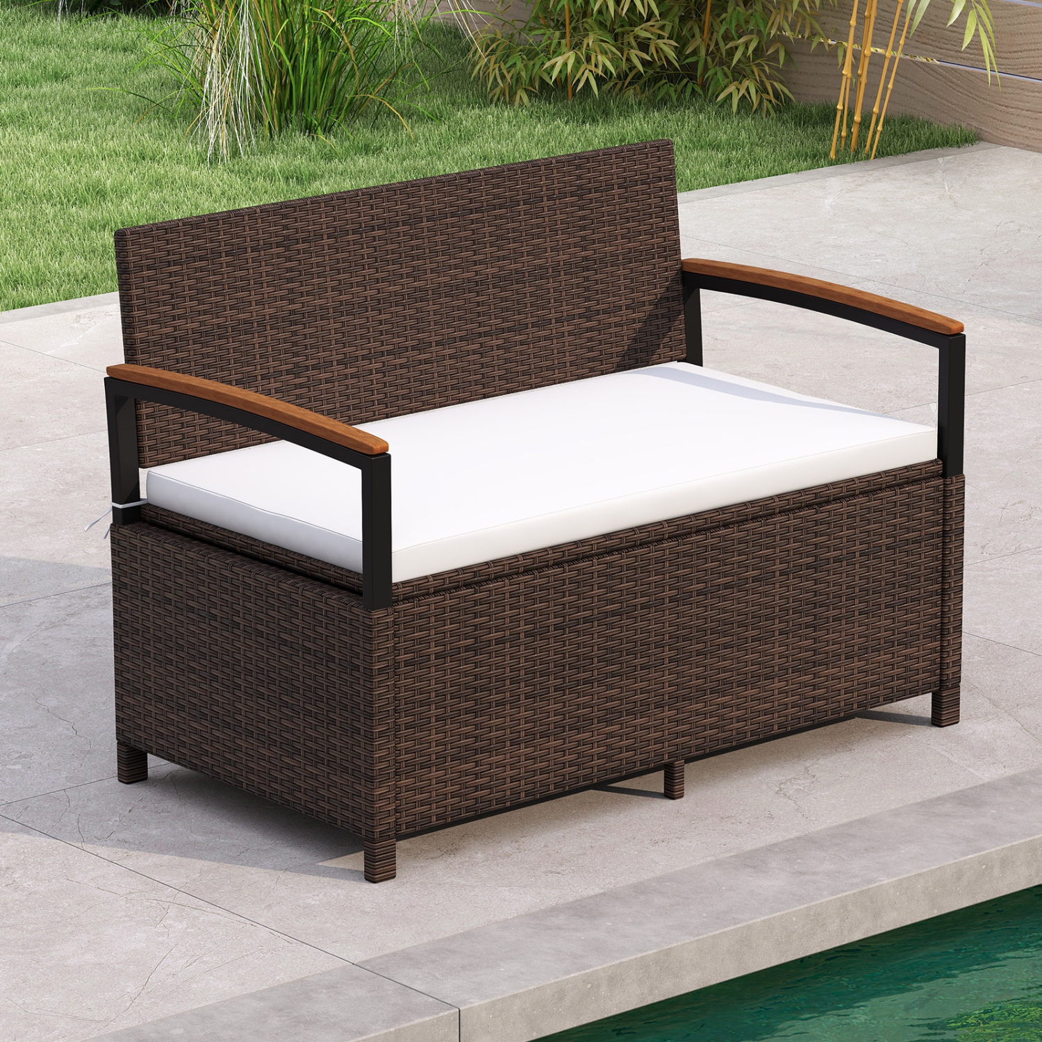 Gymax Outdoor Storage Bench w/Cushion Backrest & Acacia Wood Armrests Hidden Storage