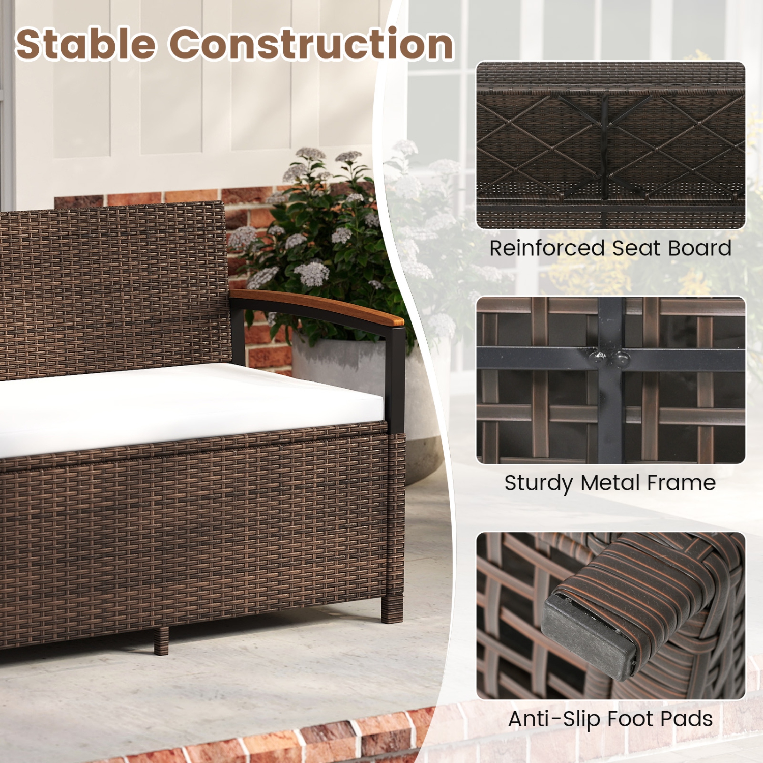 Gymax Outdoor Storage Bench w/Cushion Backrest & Acacia Wood Armrests Hidden Storage