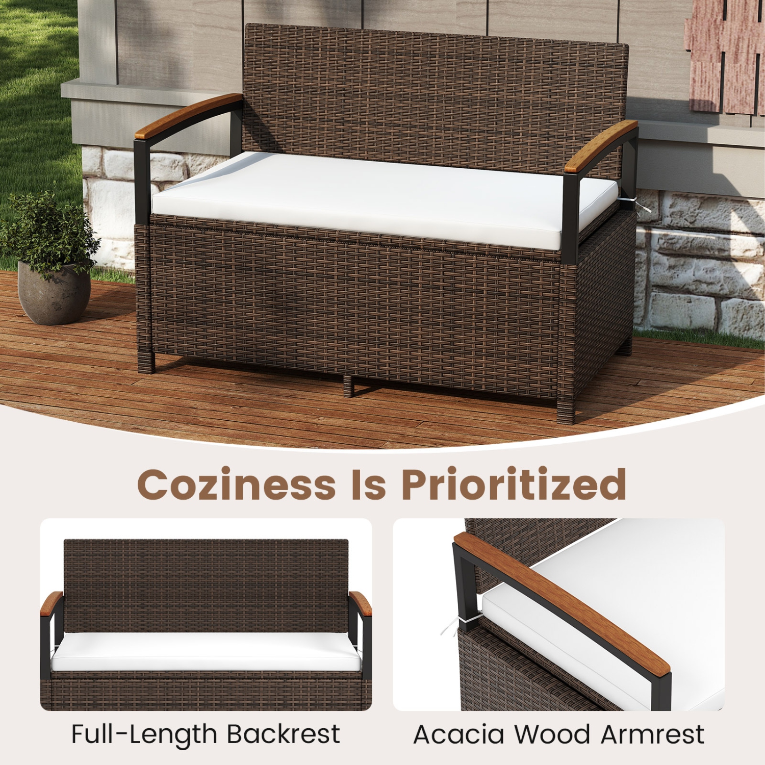 Gymax Outdoor Storage Bench w/Cushion Backrest & Acacia Wood Armrests Hidden Storage